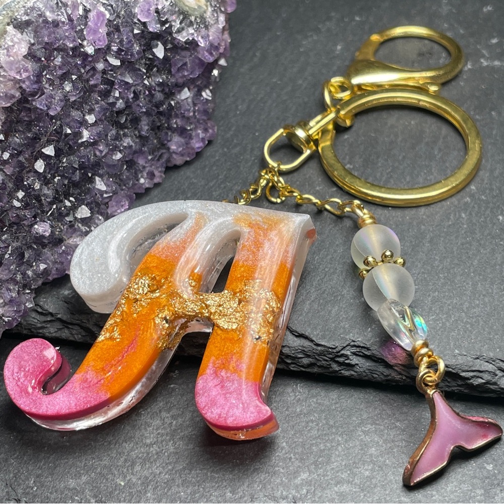 Custom Orange, Pink and Cream Letter “A” Keychain with Gold Accents - Picture 4 of 12